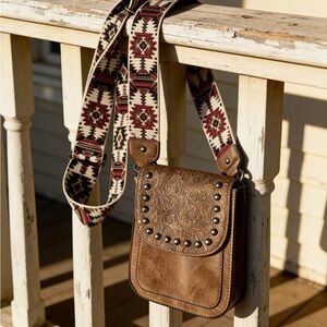 Western Tooled Compact Crossbody in Cognac Brown